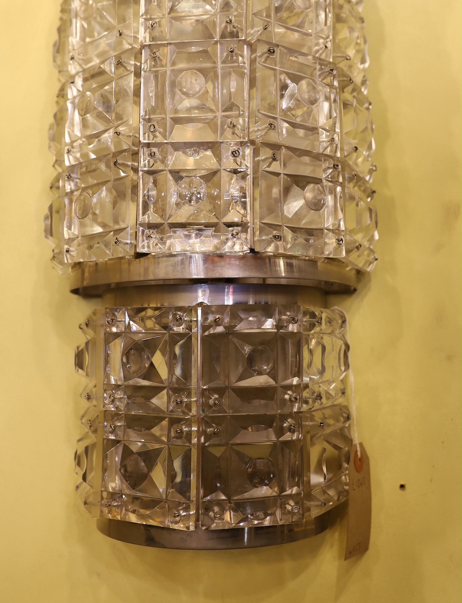 A 1940s style moulded crystal glass and nickel plated wall light, height 62cm